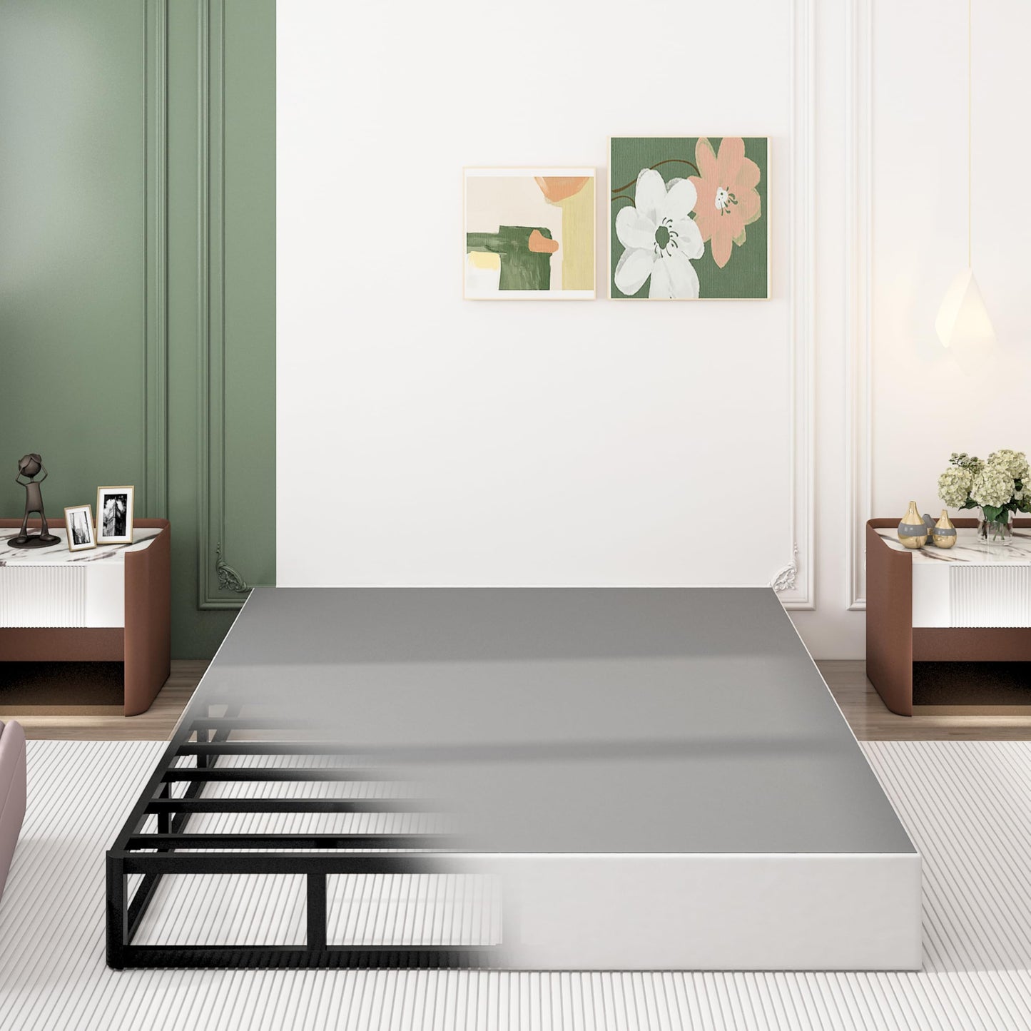 Queen Size 5 Inch Low Profile Box Spring, Metal Bed Base with Fabric Cover, Easy Assembly Mattress Foundation, High Strength Support