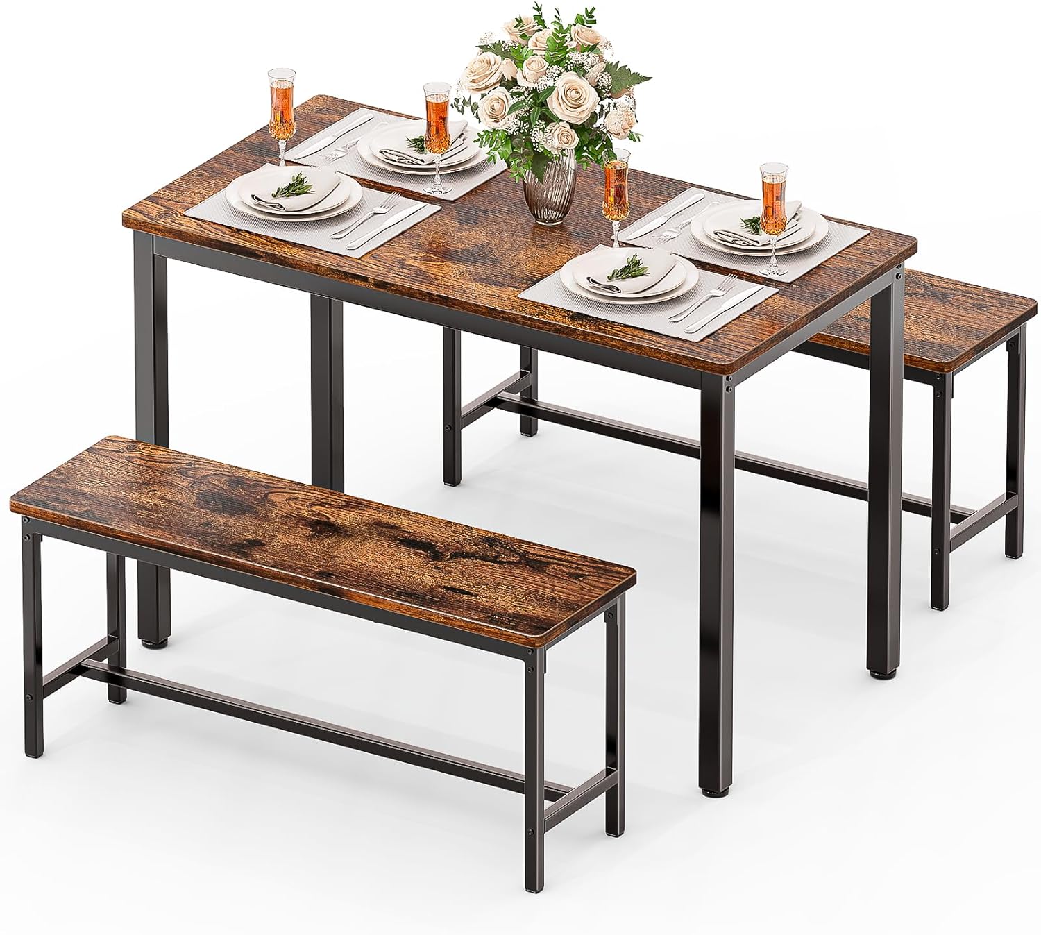 Maplecrest Home Dining Table Set for 4 with 2 Benches, Modern 3-Piece Kitchen Table Set for Small Spaces, Grey