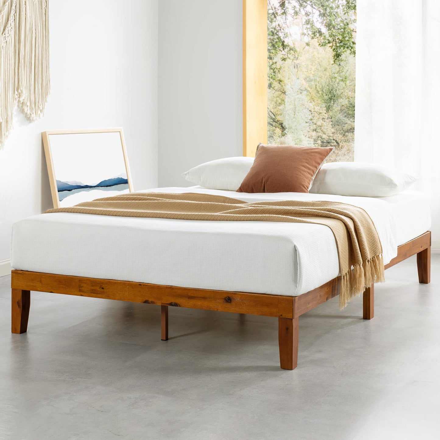 12 Inch Solid Wood Platform Bed with Wooden Slats, No Box Spring Needed, Easy Assembly, Queen, Pine