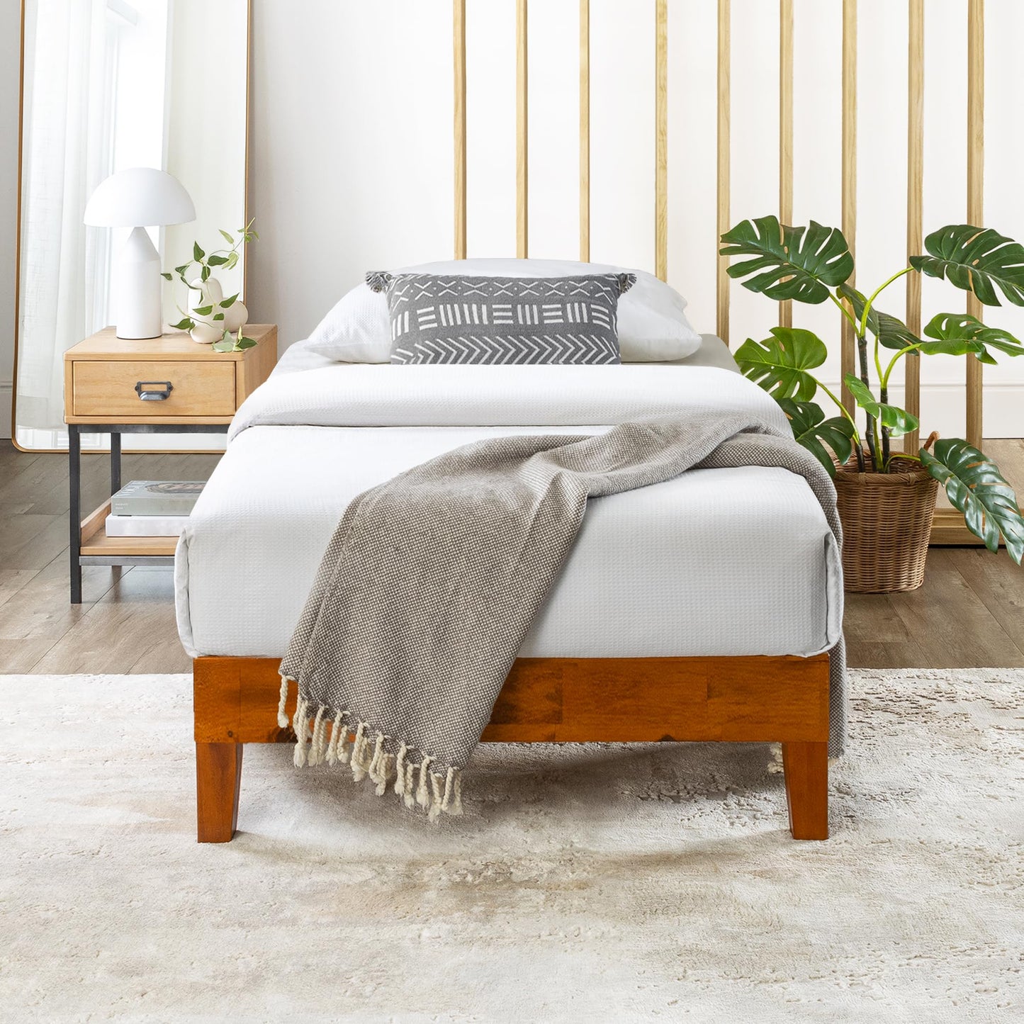 12 Inch Solid Wood Platform Bed with Wooden Slats, No Box Spring Needed, Easy Assembly, Queen, Pine