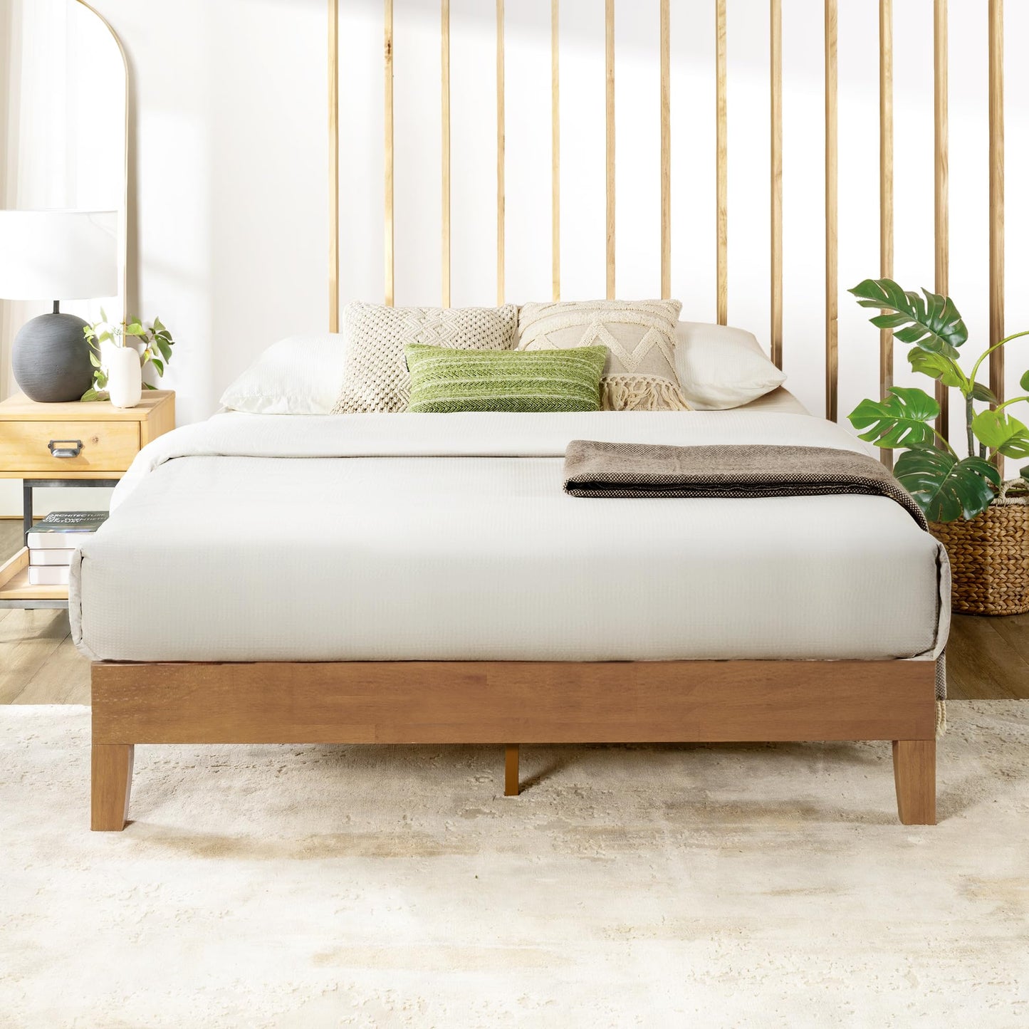 12 Inch Solid Wood Platform Bed with Wooden Slats, No Box Spring Needed, Easy Assembly, Queen, Pine