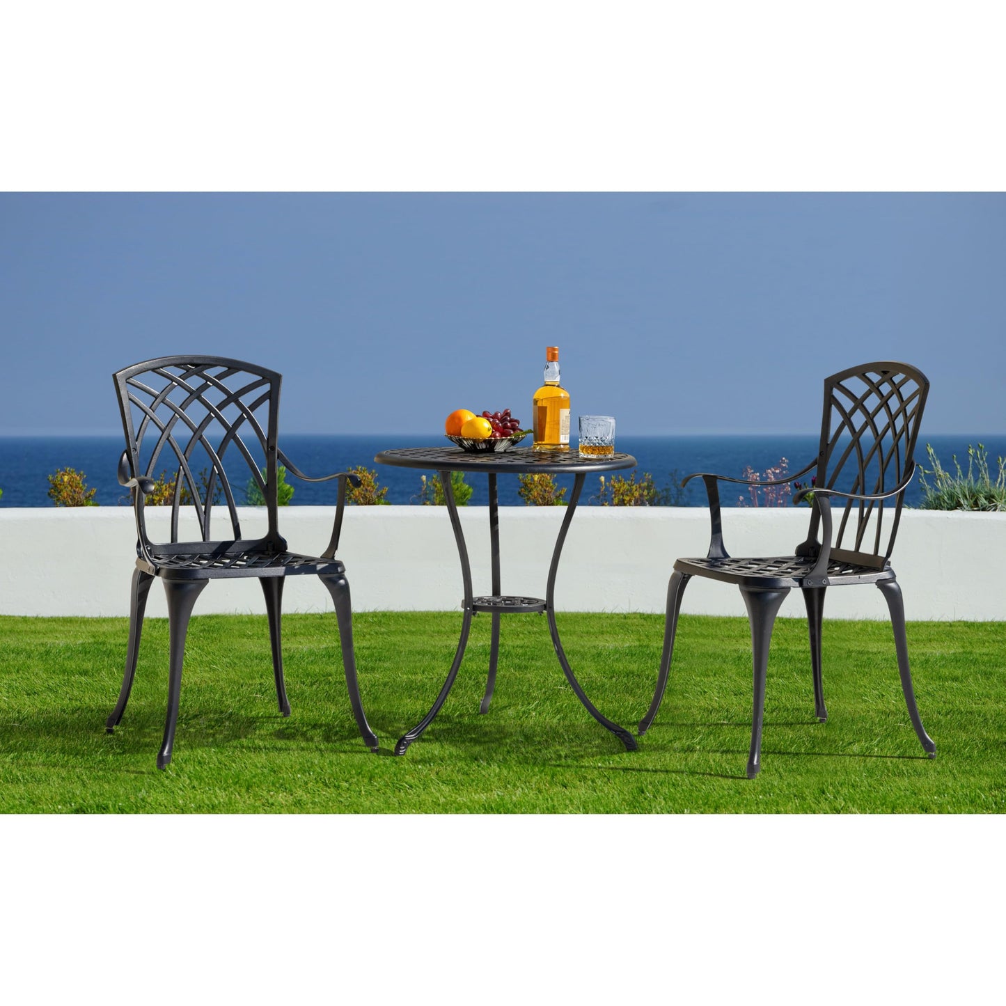3-Piece Outdoor Cast Aluminum Patio Bistro Set with Table and 2 Chairs, Umbrella Hole, Gray Cushions, Black