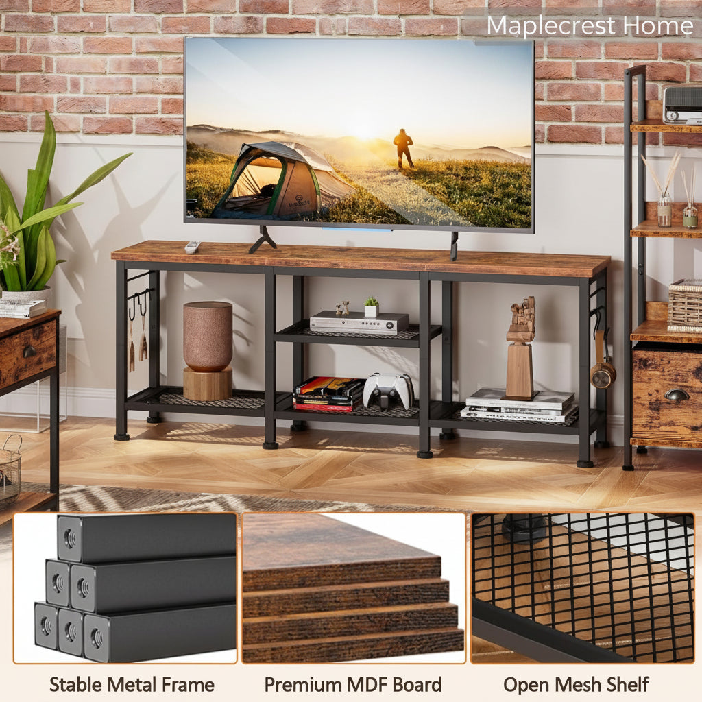 Maplecrest Home 55" TV Stand with Open Storage Shelves, Entertainment Center Media Console with Soundbar Shelf, Rustic Brown