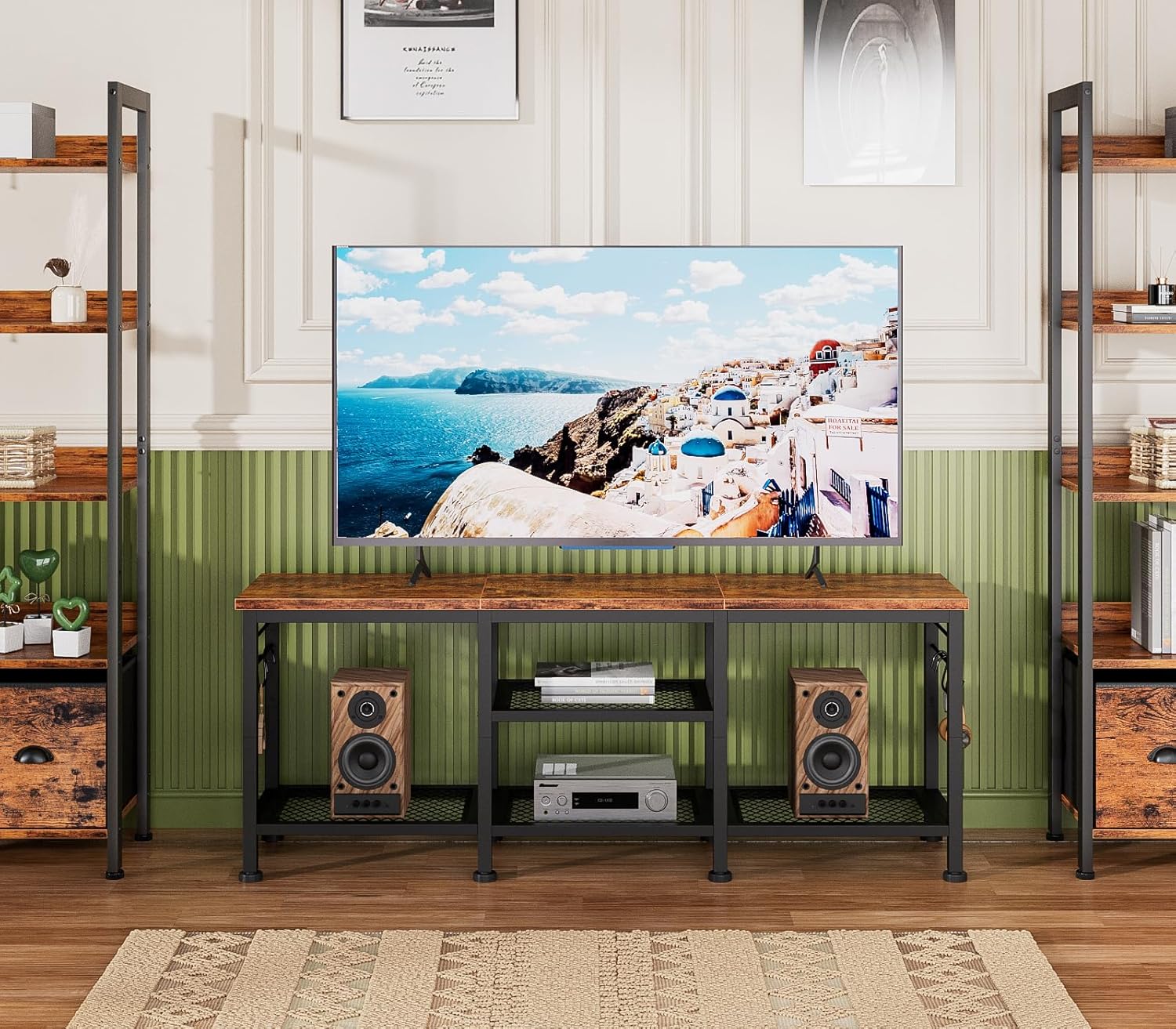 Maplecrest Home 55" TV Stand with Open Storage Shelves, Entertainment Center Media Console with Soundbar Shelf, Rustic Brown