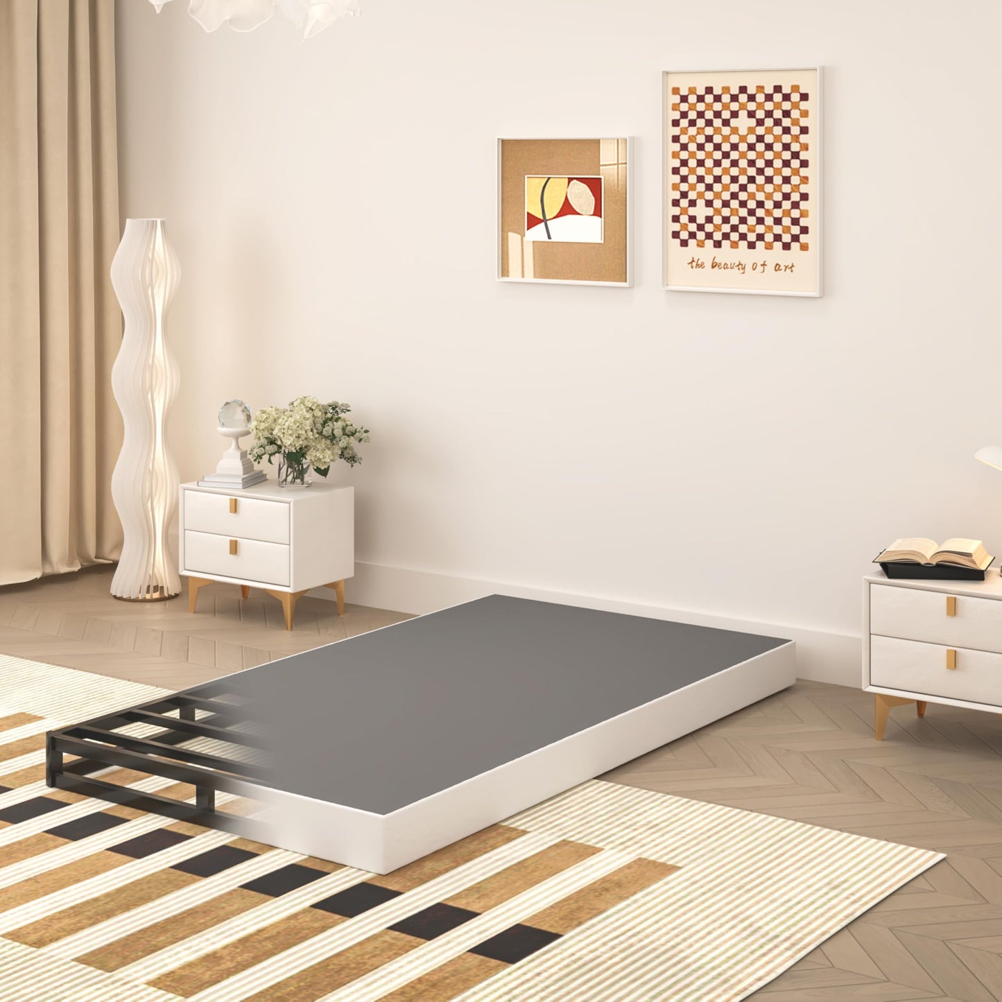 Queen Size 5 Inch Low Profile Box Spring, Metal Bed Base with Fabric Cover, Easy Assembly Mattress Foundation, High Strength Support