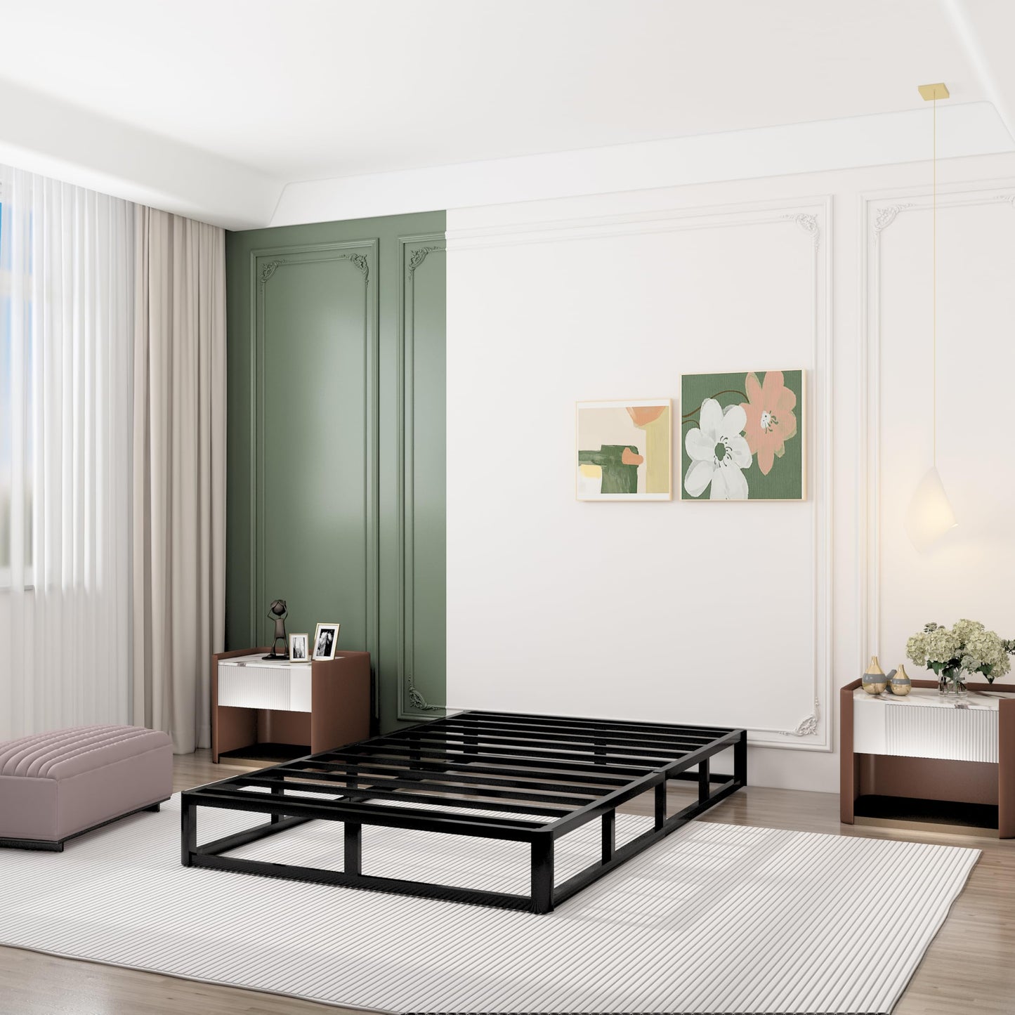 Queen Size 5 Inch Low Profile Box Spring, Metal Bed Base with Fabric Cover, Easy Assembly Mattress Foundation, High Strength Support
