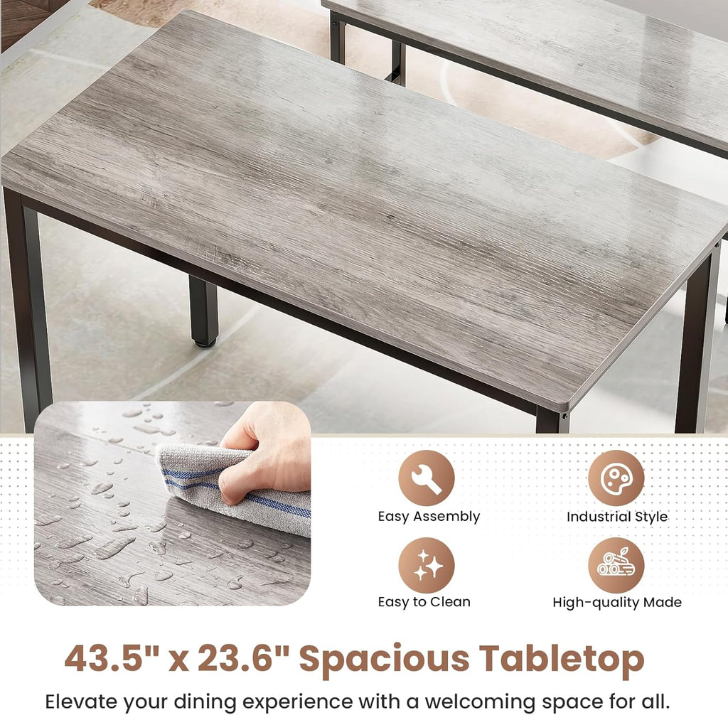 Maplecrest Home Dining Table Set for 4 with 2 Benches, Modern 3-Piece Kitchen Table Set for Small Spaces, Grey