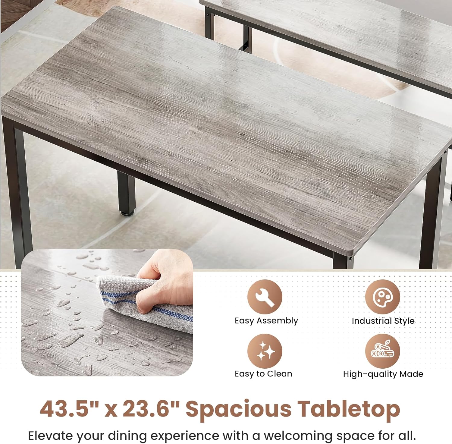 Maplecrest Home Dining Table Set for 4 with 2 Benches, Modern 3-Piece Kitchen Table Set for Small Spaces, Grey