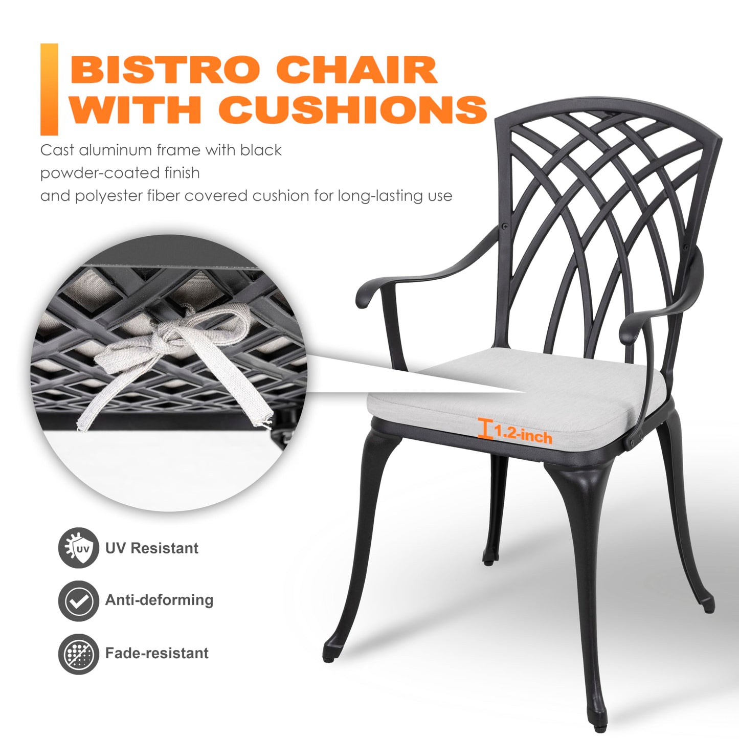 3-Piece Outdoor Cast Aluminum Patio Bistro Set with Table and 2 Chairs, Umbrella Hole, Gray Cushions, Black