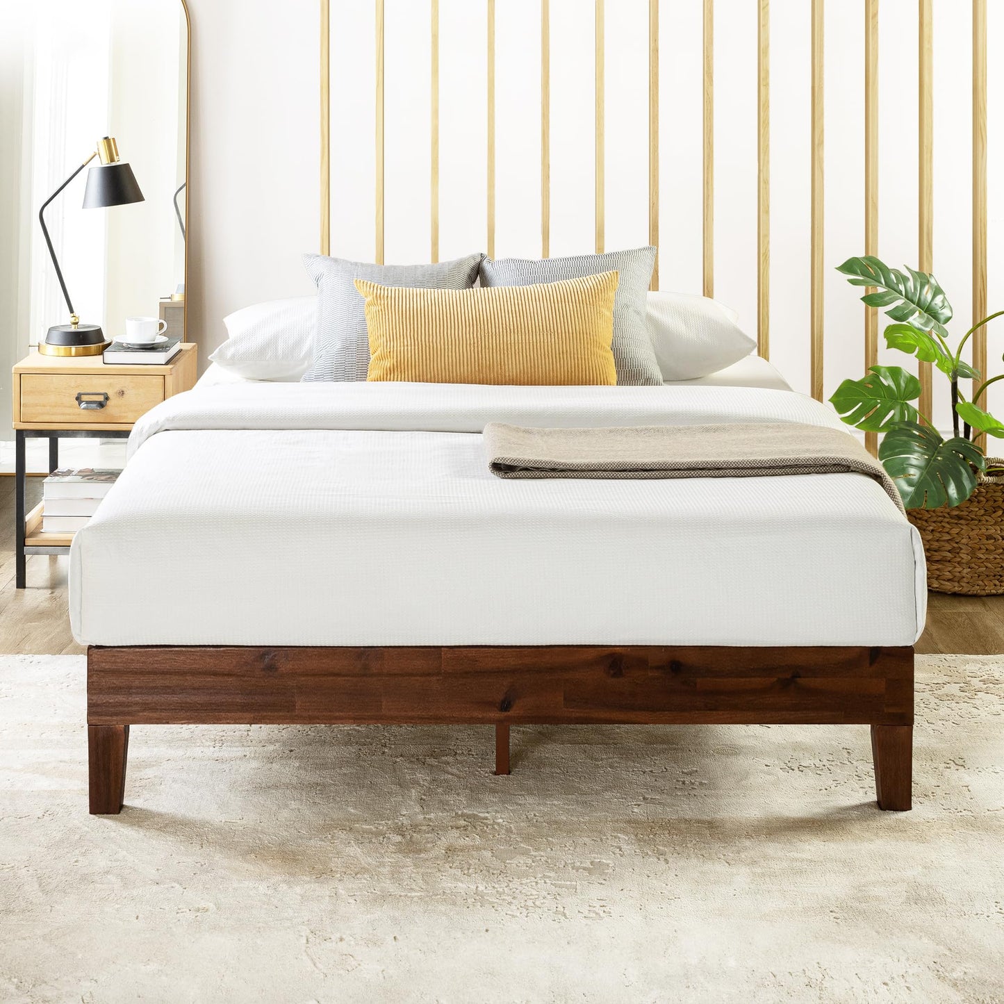 12 Inch Solid Wood Platform Bed with Wooden Slats, No Box Spring Needed, Easy Assembly, Queen, Pine