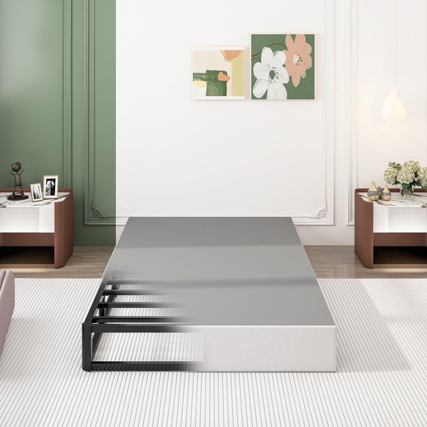 Queen Size 5 Inch Low Profile Box Spring, Metal Bed Base with Fabric Cover, Easy Assembly Mattress Foundation, High Strength Support