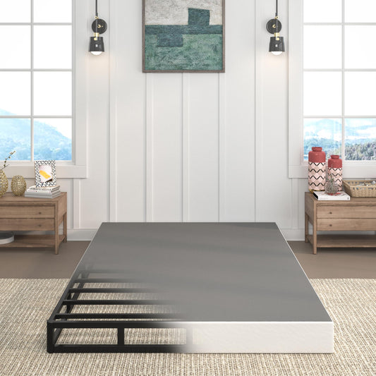 Queen Size 5 Inch Low Profile Box Spring, Metal Bed Base with Fabric Cover, Easy Assembly Mattress Foundation, High Strength Support