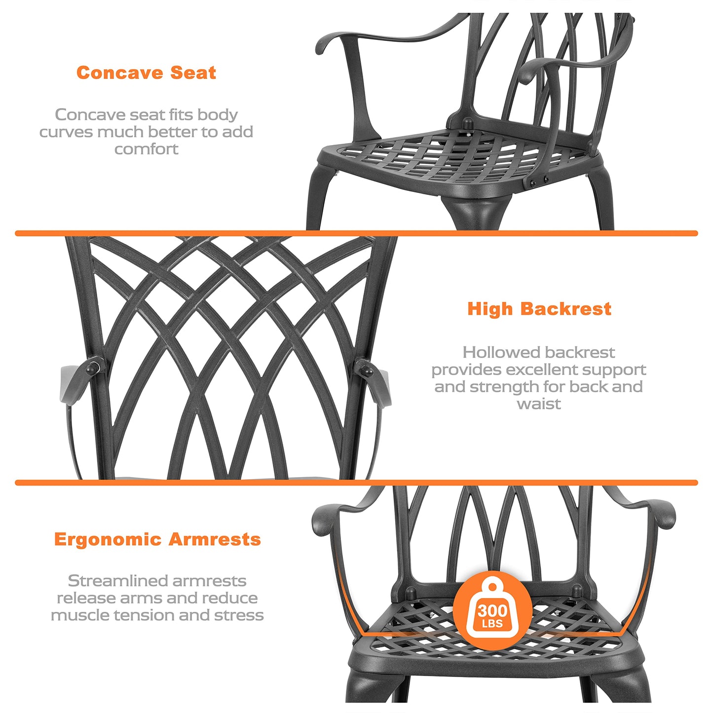 3-Piece Outdoor Cast Aluminum Patio Bistro Set with Table and 2 Chairs, Umbrella Hole, Gray Cushions, Black