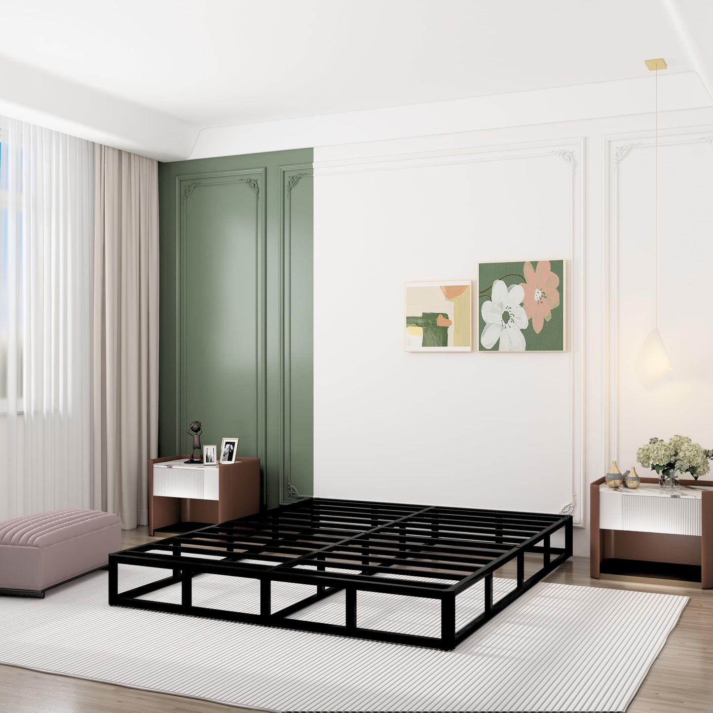Queen Size 5 Inch Low Profile Box Spring, Metal Bed Base with Fabric Cover, Easy Assembly Mattress Foundation, High Strength Support