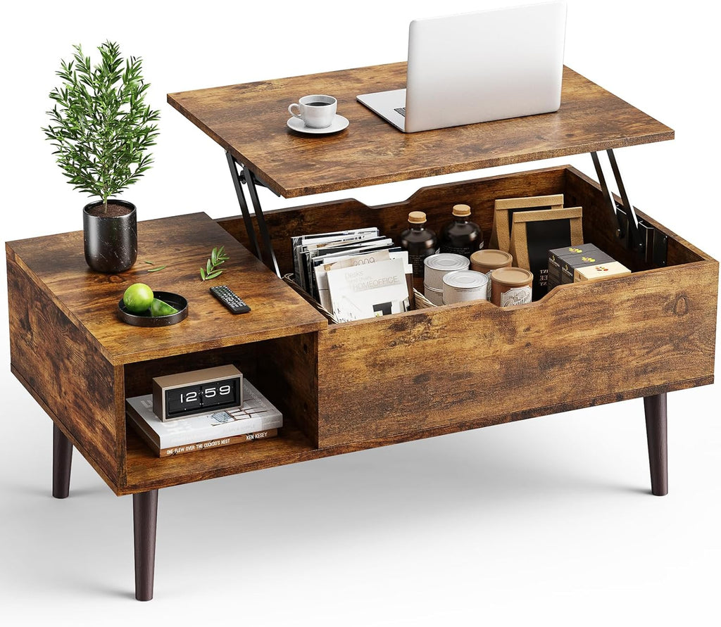 Maplecrest Home Wooden Lift Top Coffee Table, Hidden Storage Coffee Table with Open Shelf for Living Room, Rustic Brown