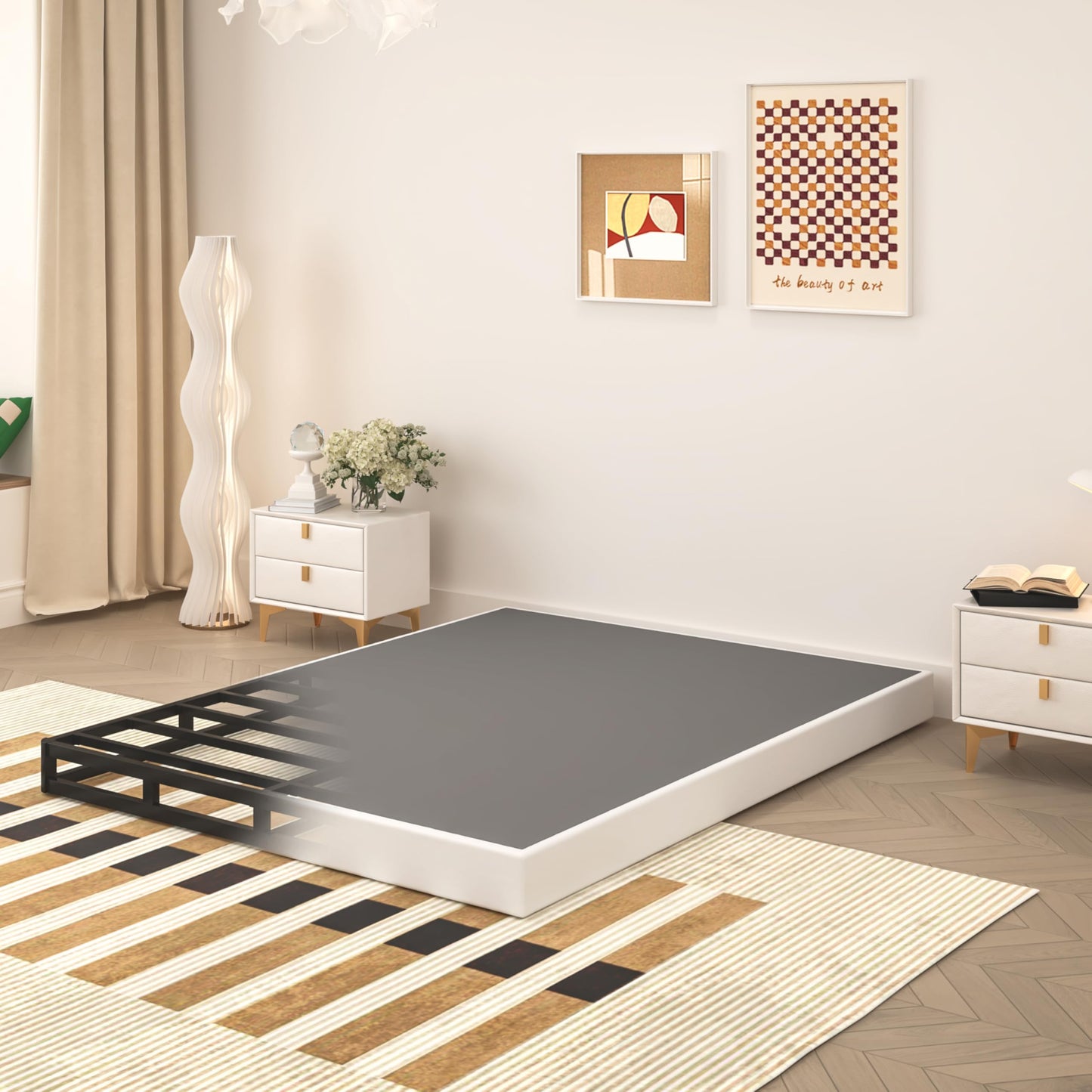 Queen Size 5 Inch Low Profile Box Spring, Metal Bed Base with Fabric Cover, Easy Assembly Mattress Foundation, High Strength Support