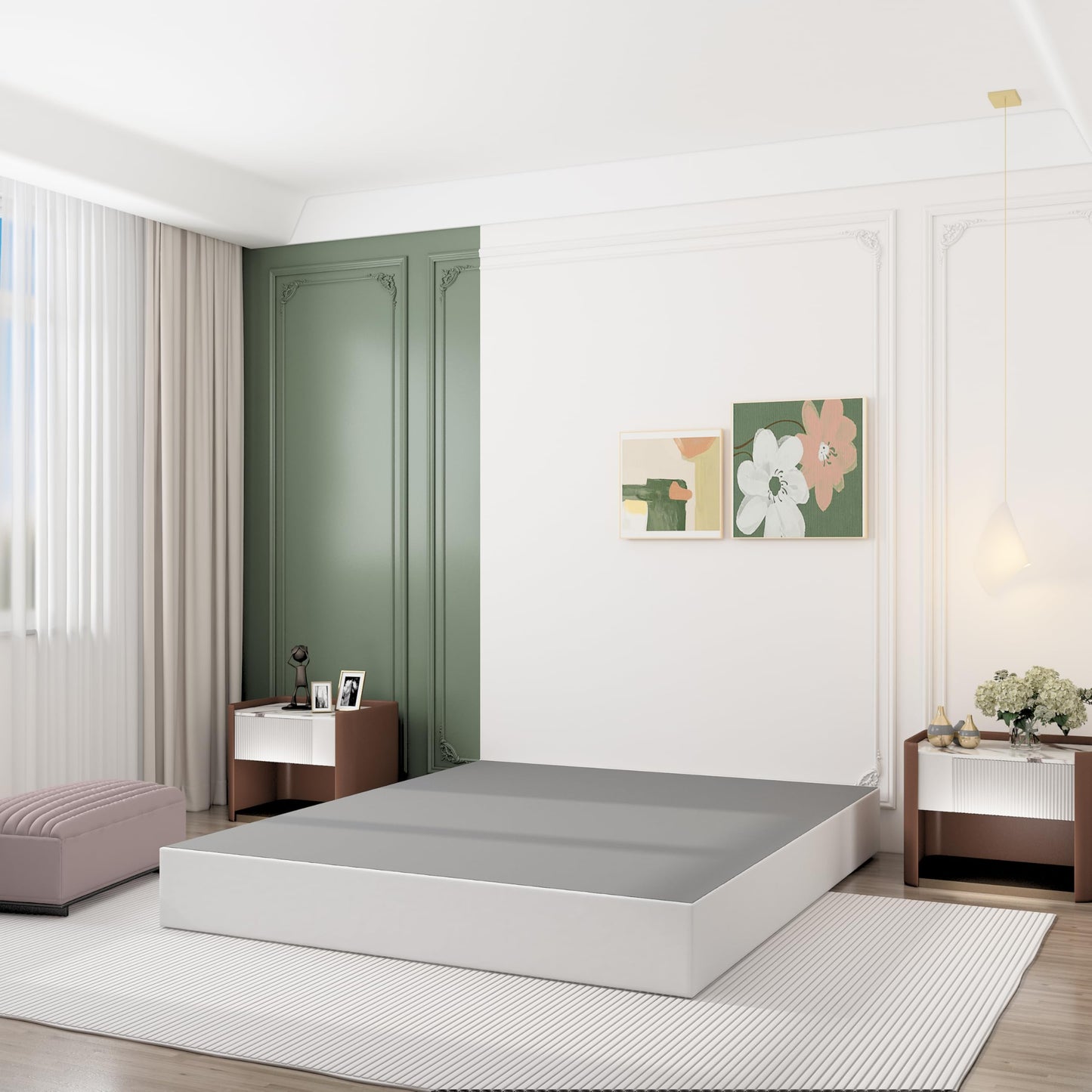 Queen Size 5 Inch Low Profile Box Spring, Metal Bed Base with Fabric Cover, Easy Assembly Mattress Foundation, High Strength Support