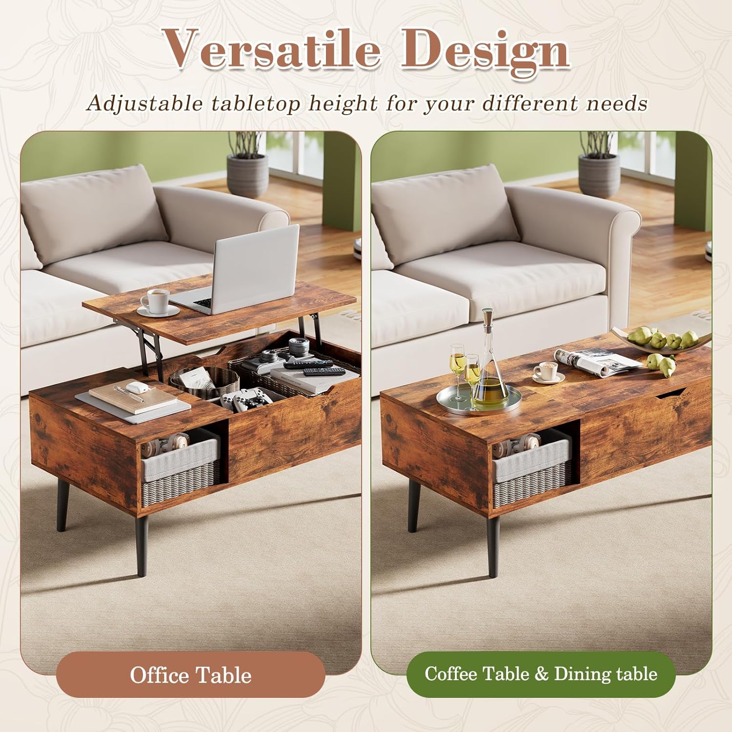 Maplecrest Home Wooden Lift Top Coffee Table, Hidden Storage Coffee Table with Open Shelf for Living Room, Rustic Brown