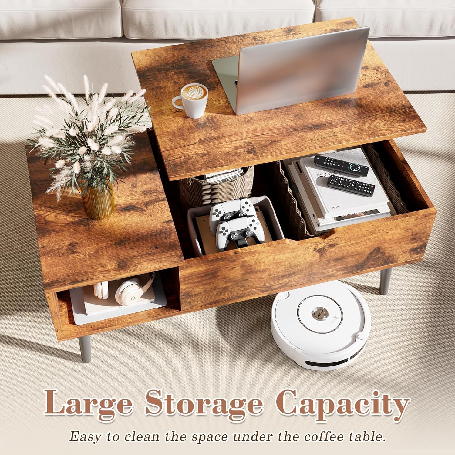 Maplecrest Home Wooden Lift Top Coffee Table, Hidden Storage Coffee Table with Open Shelf for Living Room, Rustic Brown