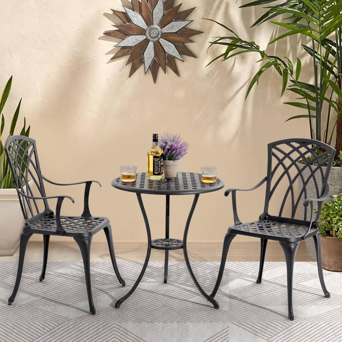 3-Piece Outdoor Cast Aluminum Patio Bistro Set with Table and 2 Chairs, Umbrella Hole, Gray Cushions, Black