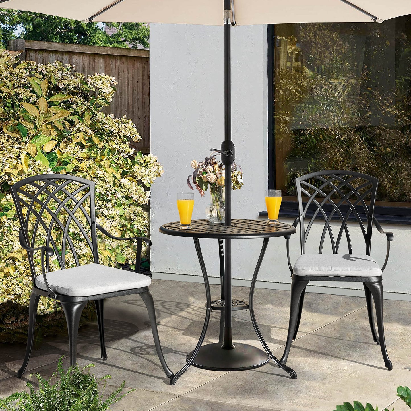 3-Piece Outdoor Cast Aluminum Patio Bistro Set with Table and 2 Chairs, Umbrella Hole, Gray Cushions, Black