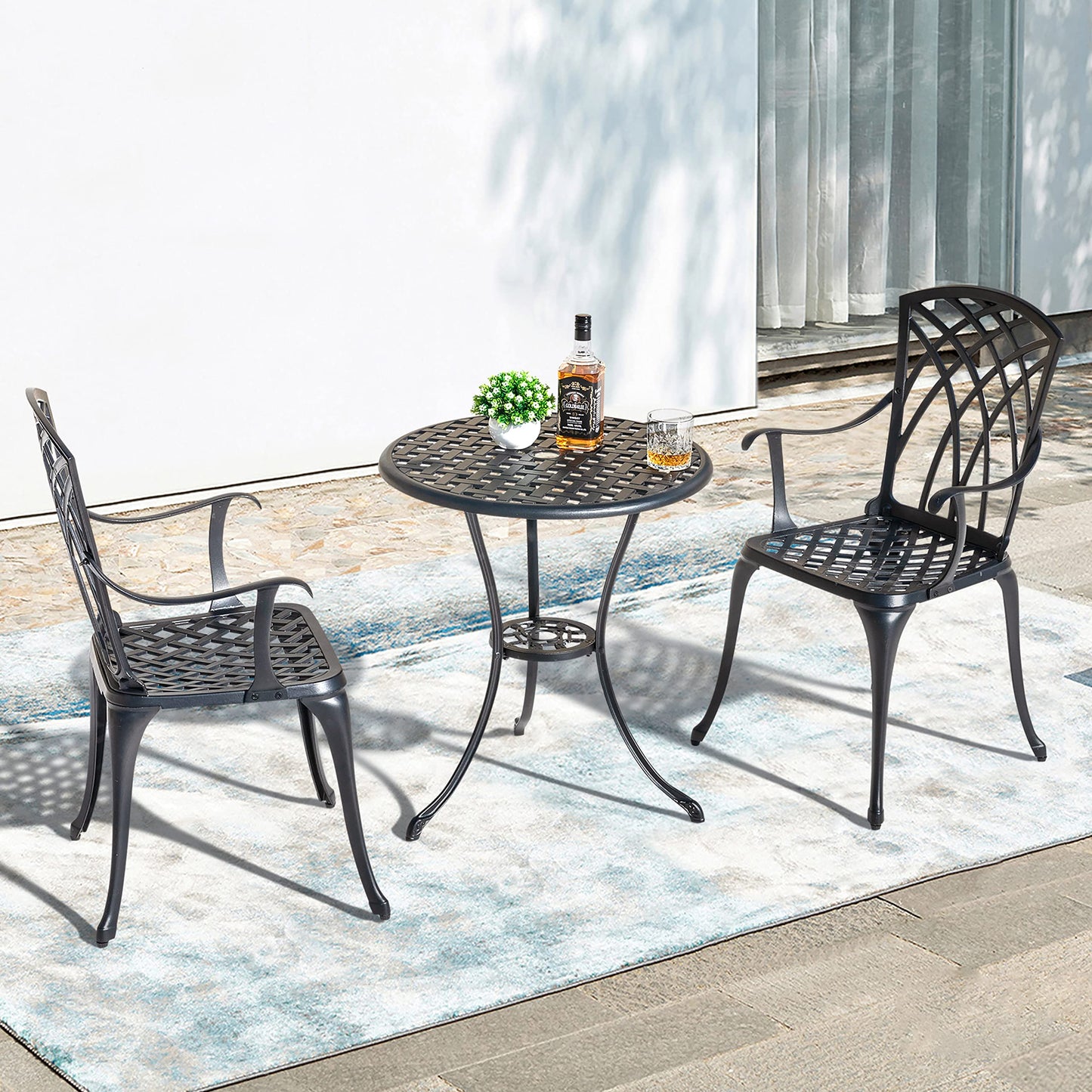 3-Piece Outdoor Cast Aluminum Patio Bistro Set with Table and 2 Chairs, Umbrella Hole, Gray Cushions, Black