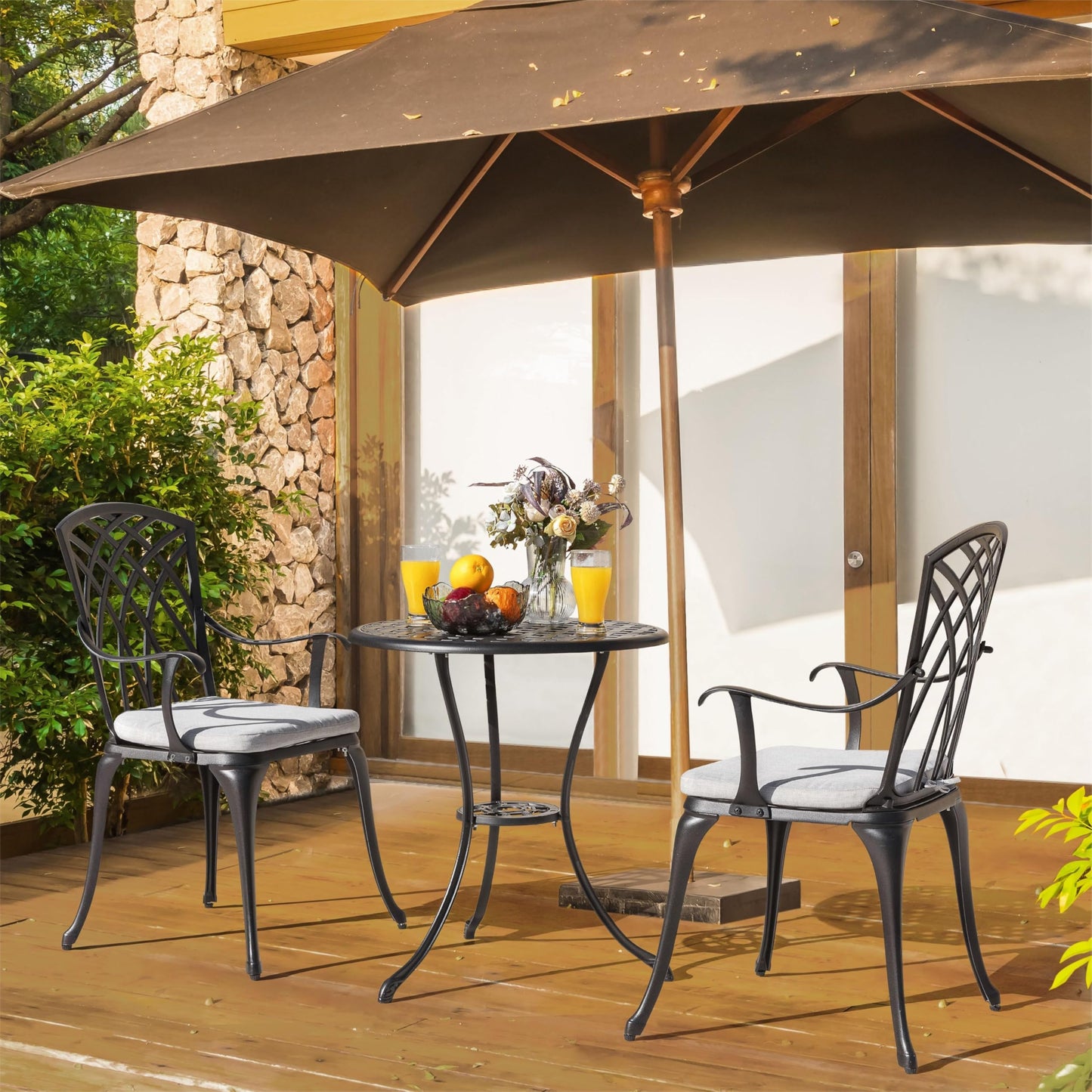 3-Piece Outdoor Cast Aluminum Patio Bistro Set with Table and 2 Chairs, Umbrella Hole, Gray Cushions, Black