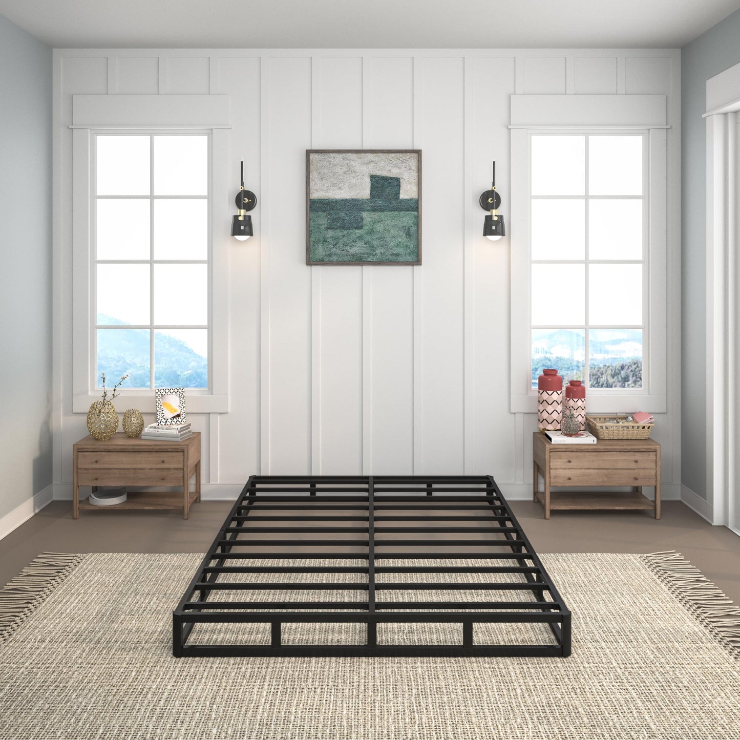 Queen Size 5 Inch Low Profile Box Spring, Metal Bed Base with Fabric Cover, Easy Assembly Mattress Foundation, High Strength Support