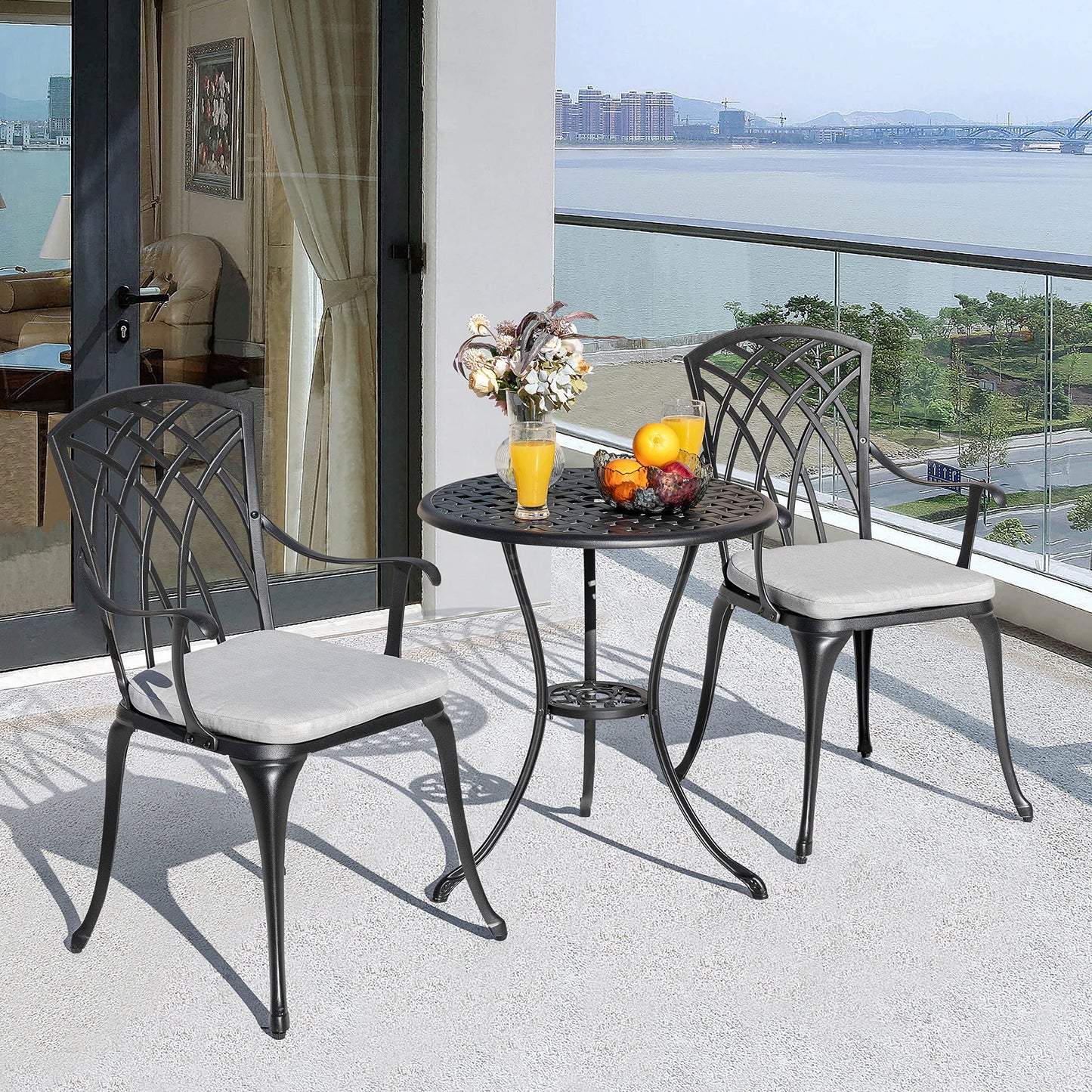 3-Piece Outdoor Cast Aluminum Patio Bistro Set with Table and 2 Chairs, Umbrella Hole, Gray Cushions, Black