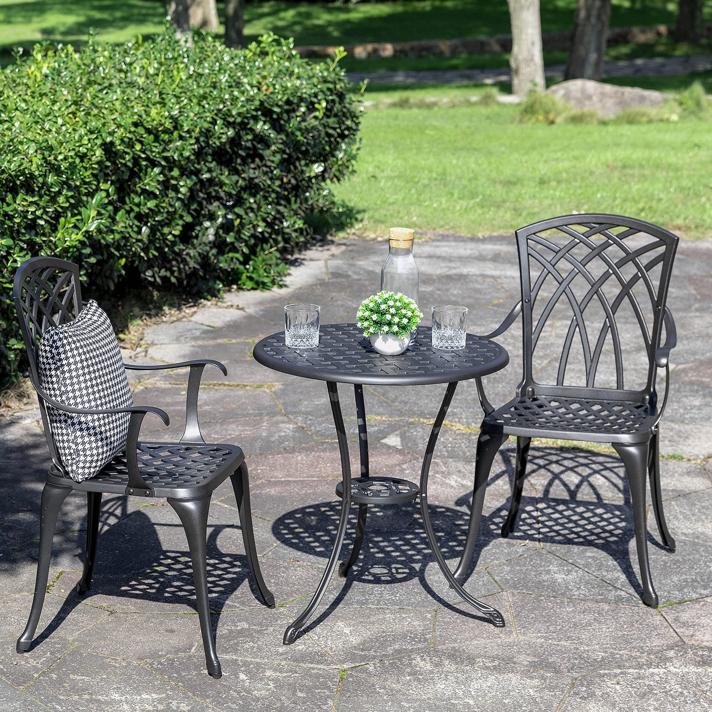 3-Piece Outdoor Cast Aluminum Patio Bistro Set with Table and 2 Chairs, Umbrella Hole, Gray Cushions, Black
